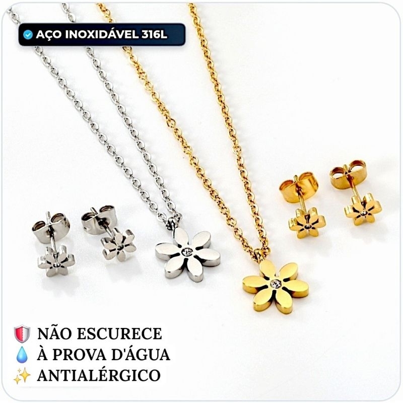 Kit Colar e Brinco Infantil em Aço Inoxidável Florzinha Dourado e Prata Antialérgico Ajustável Não Escurece
