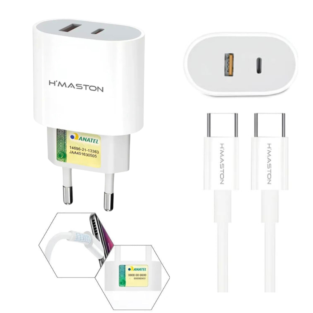 Carregador Turbo 50w H'maston Original USB + USB-C Cabo Tipo C Compatível com iPhone 15 16 17