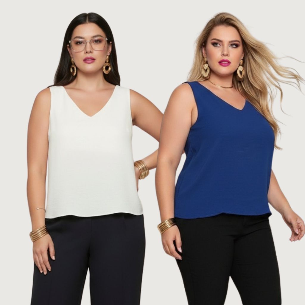 Regata Plus Size Feminina Duna Decote V Elegante Básica Social Casual (G1 ao G3)