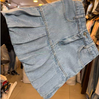 Saia Jeans balão Feminina com Babado Saia fofu Jeans desbotado plissado Saia mini/Saia plissada Saia bufante Feminino