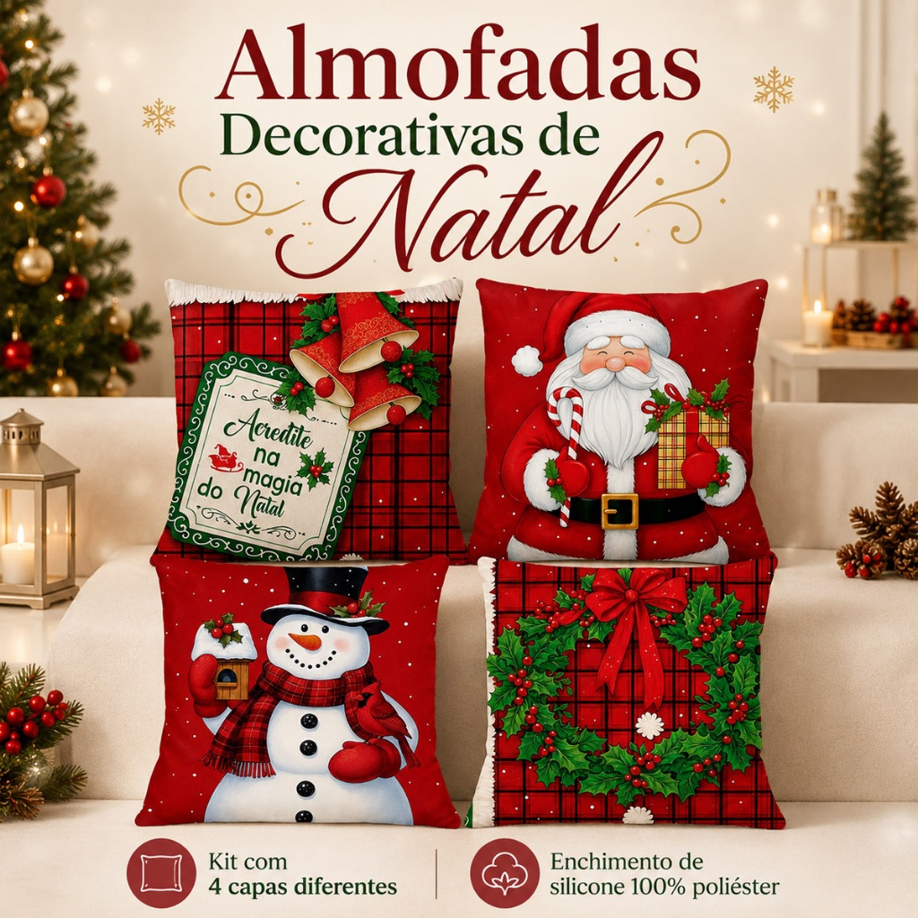 Almofadas Decorativas de Natal Kit 4 Capas Papai Noel Feliz Natal 45x45 cm