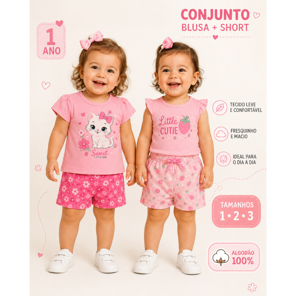 Conjunto Infantil Feminino Regata + Short Algodão Verão Menina 1 2 3 Anos Estampas Sortidas