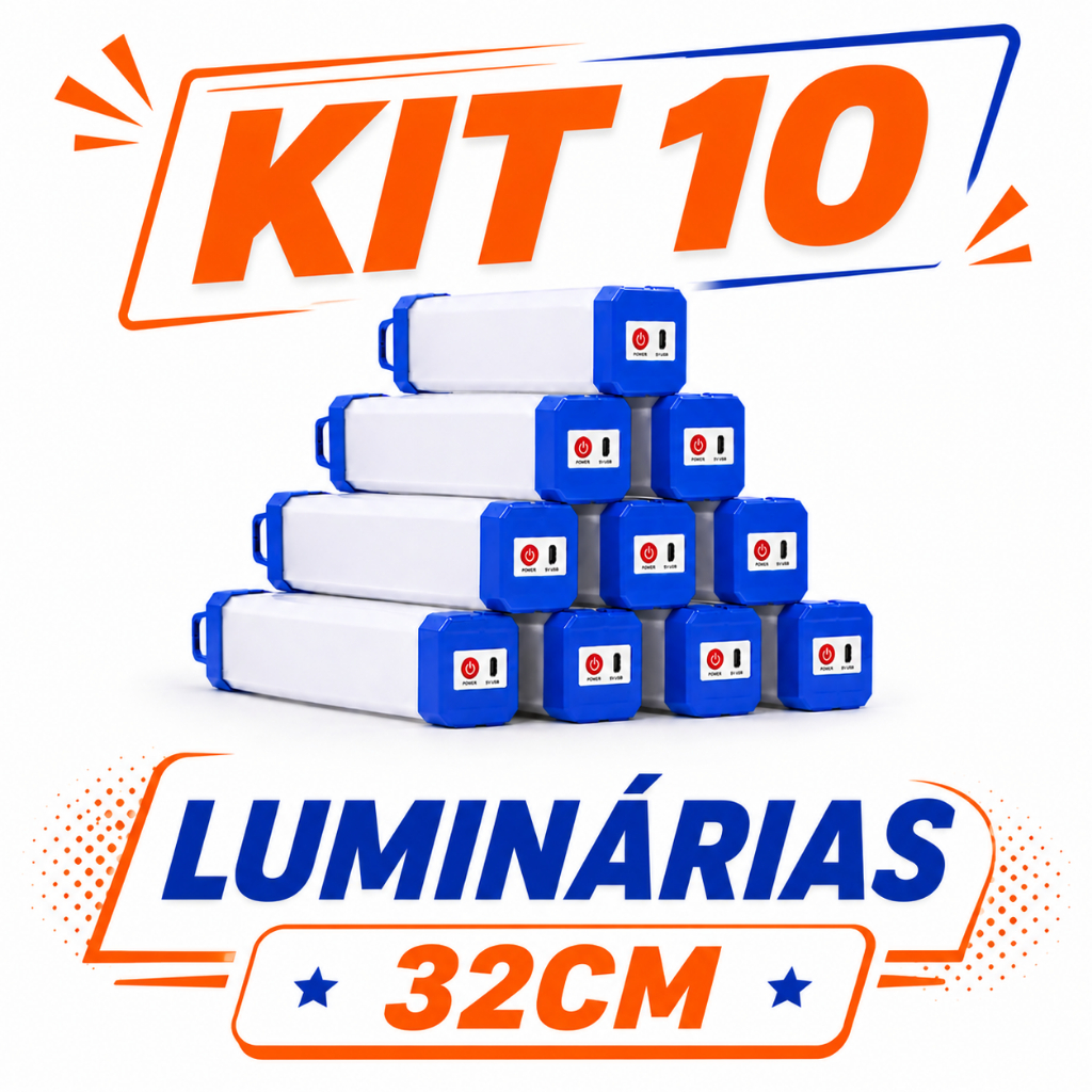 Kit 10 Lanternas LED de Emergência 32cm Recarregáveis USB Magnéticas 40W com Gancho para Trilhas Aventuras Pesca e Viage