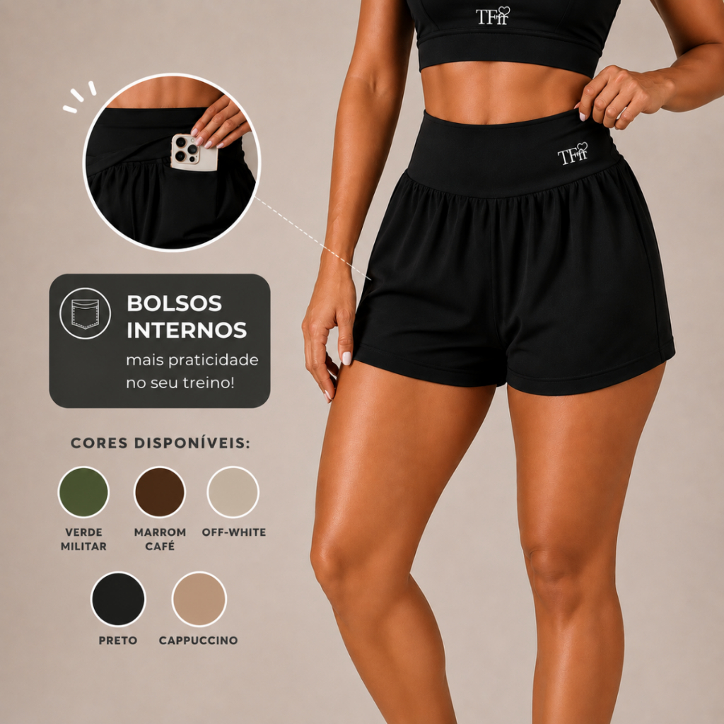 Short Duplo Com Bolsos Interno  Feminino de Corrida e Academia, Treino Fitness Esportivo
