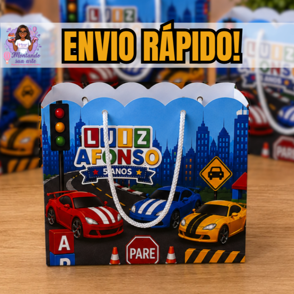 Sacolinhas Personalizadas CARRINHOS DE CORRIDA–Lembrancinha Festa Infantil-PEGUE E MONTE