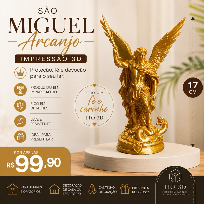 São Miguel Arcanjo 3D | Imagem Religiosa Católica | Decoração e Presente | Impressão 3D