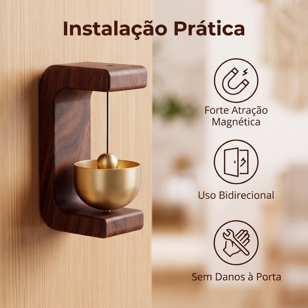 Sino decorativo de entrada, combinação de madeira natural e latão