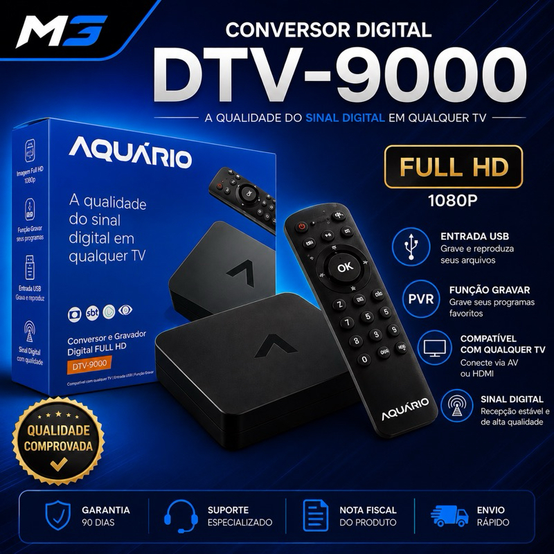 Conversor Digital Aquário DTV-9000 Full HD 1080p com Controle