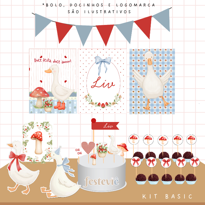 Kit festa em casa gansos e cogumelos aniversário personalizado bosque encantado patos mesversário só um bolinho