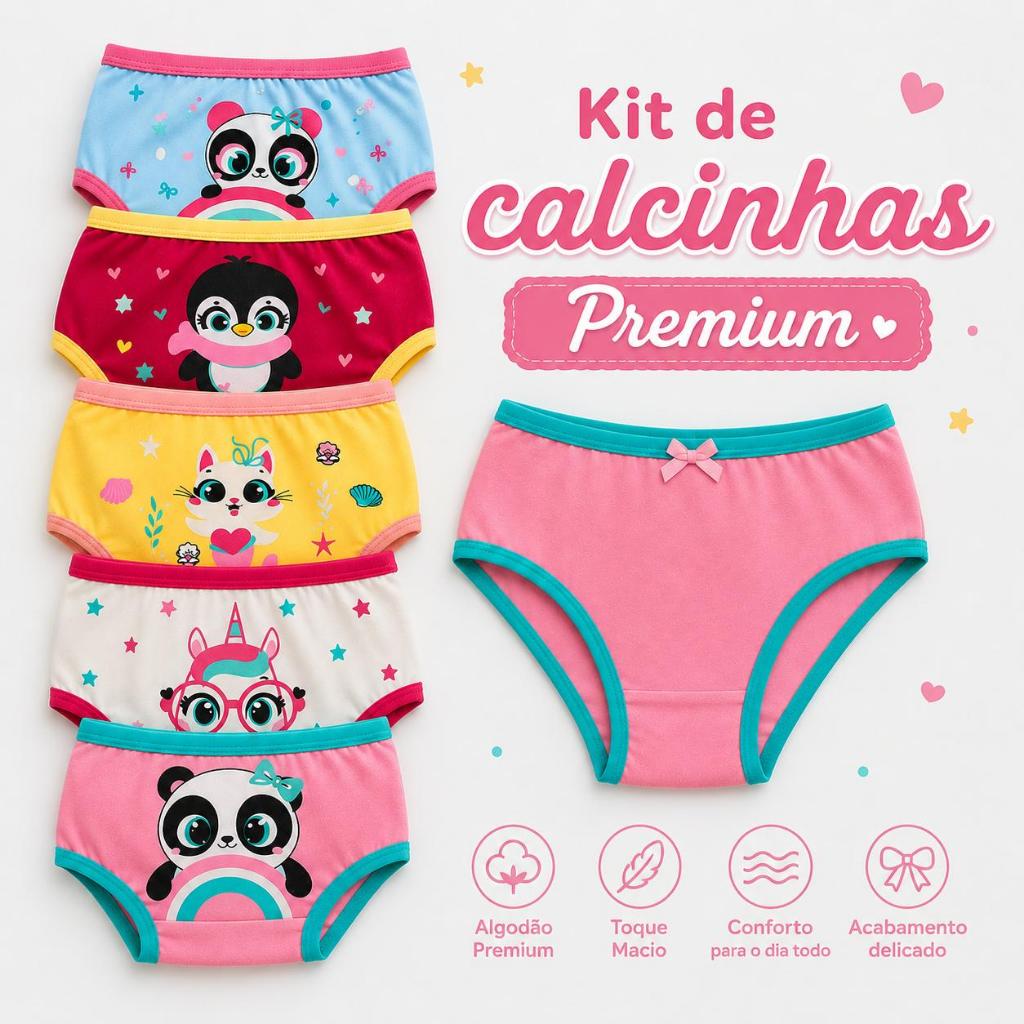KIT 2, 4 e 6 Calcinha Feminina Tanga Infantil Juvenil Algodão Macio Ajuste Perfeito Cores Estampas Sortidas