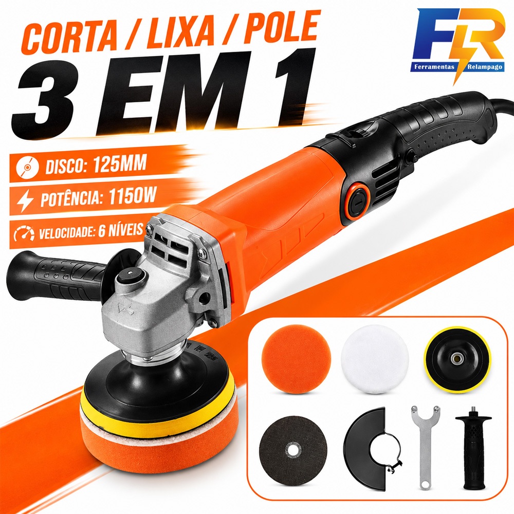 110V Politriz Esmerilhadeira Lixadeira 3 em 1 Multifuncional 125mm Profissional 1150W 6 Velocidades