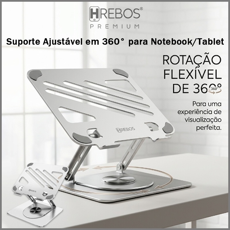 HREBOS Suporte para Notebook Ajustável 360°, Base em Alumínio Dobrável, Regulagem de Para todos os tamanhos