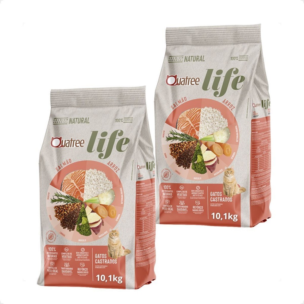 Kit 2 Ração Quatree Life Gatos Castrados Salmão e Arroz - 10,1Kg