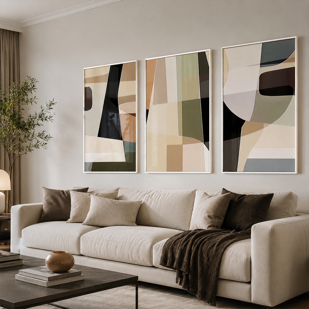 Quadro Decorativo Harmonia Abstrata 3 Telas Moldura Branca Parede Sala Escritóri
