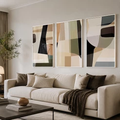 Quadro Decorativo Harmonia Abstrata 3 Telas Moldura Branca Parede Sala Escritório