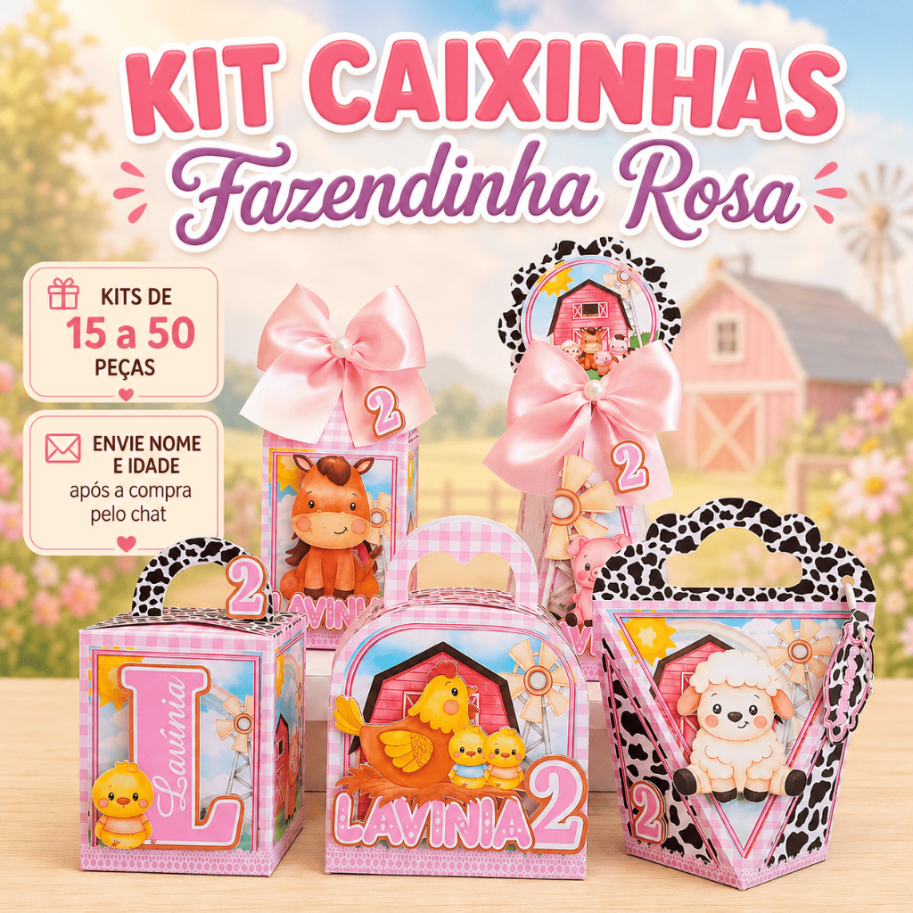 Kit Caixinha Personalizada Fazendinha Rosa | Lembrancinha Festa Infantil |15 a 50 Peças