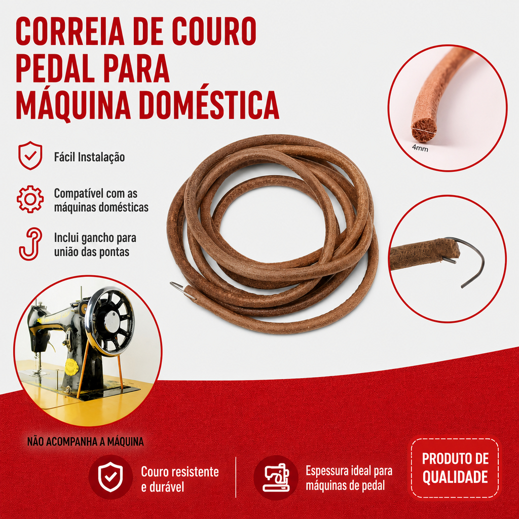 Correia de Couro Pedal para Máquina de Costura Antiga Pretinha Singer Elgin Vigorelli 183cm
