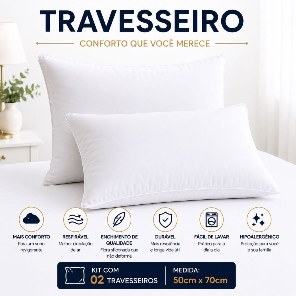 Travesseiros Pluma Premium 70x50cm Antialérgico Macio Alto Luxo Hotel Toque Suave Confortável