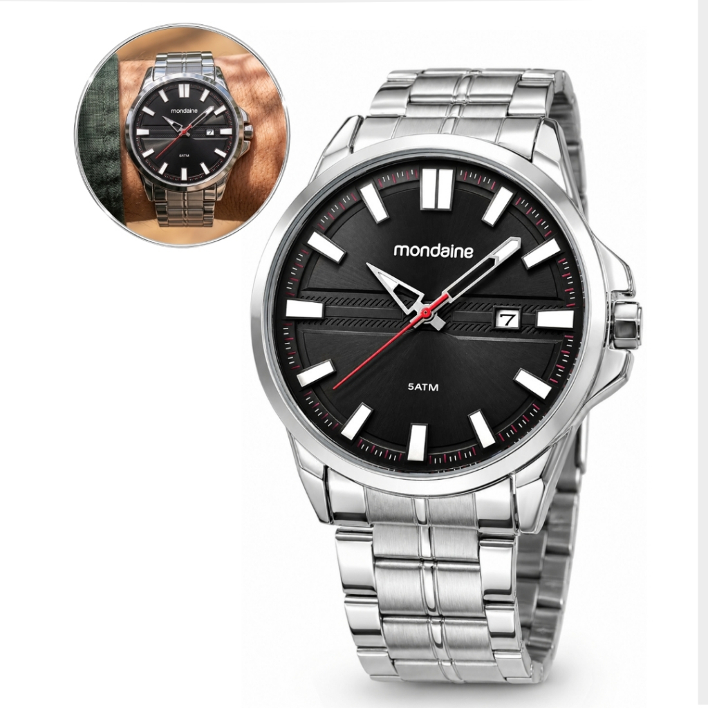 Relogio Mondaine Masculino Prata Prova Dágua Aco Inoxidável Calendário Analógico Social Elegante Luxo Original