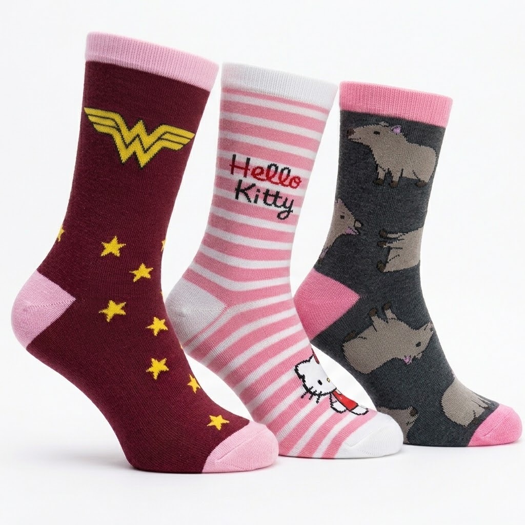 Kit Meias Infantil de Algodão Estampadas Cano Médio Personagens Sortidos para Meninas Ideal para Escola Confortáveis