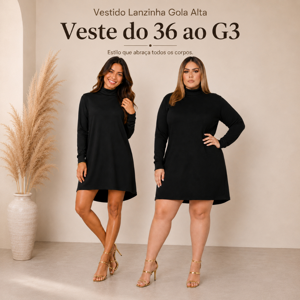 Vestido Feminino Plus Size Inverno Gola Alta Manga Longa Lãzinha Confortável do G ao G3