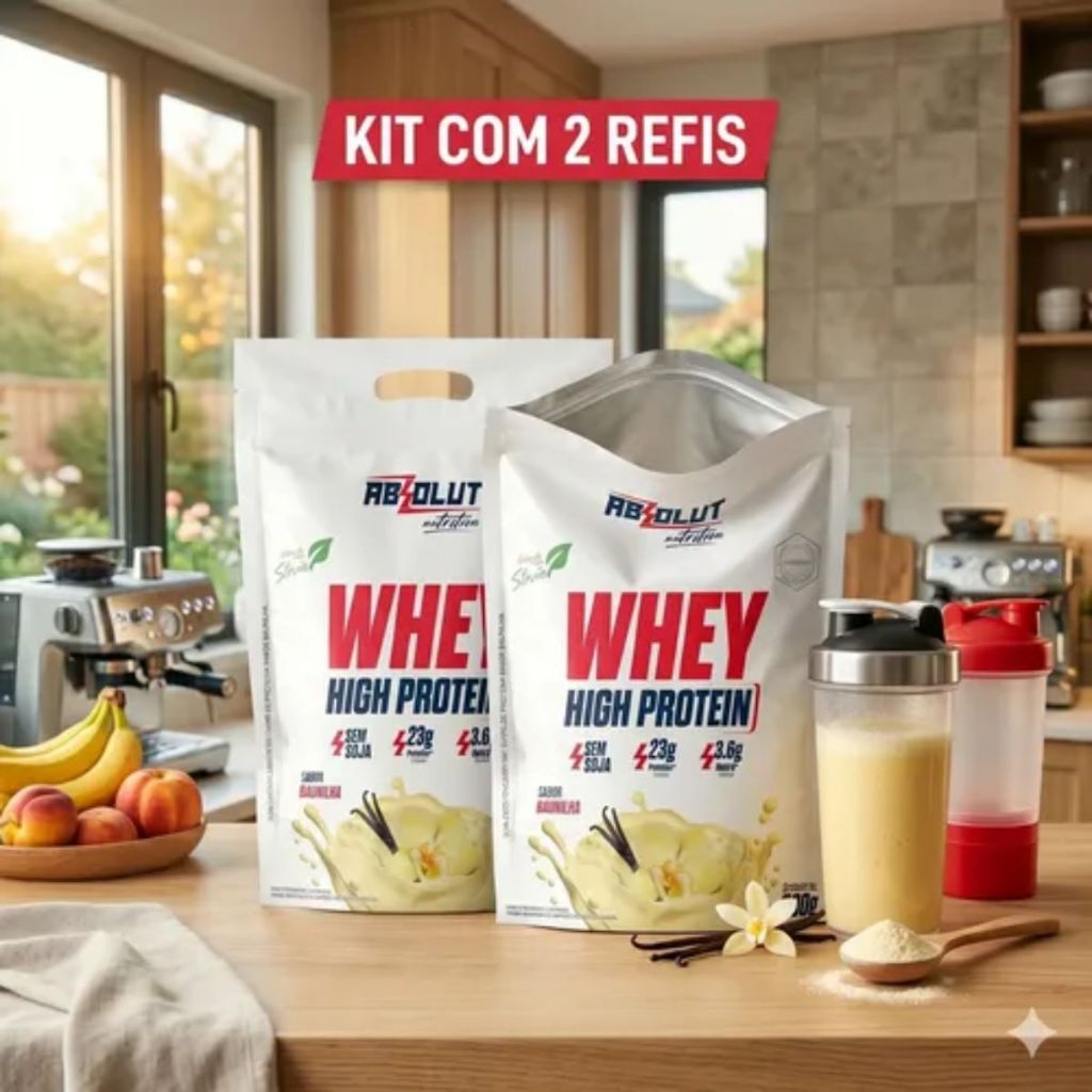 Kit 2 Whey Protein Absolut High Protein 900g Refil Baunilha 1,8kg Suplemento Proteico