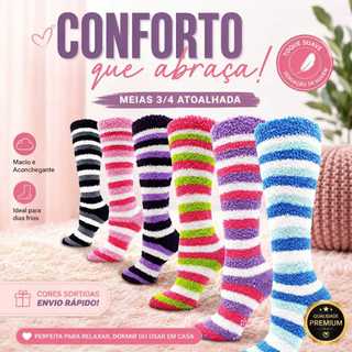 Meia 3/4 Feminina Atoalhada Felpuda Quentinha Meia de Inverno Macia Confortável para Casa Cores Sortidas