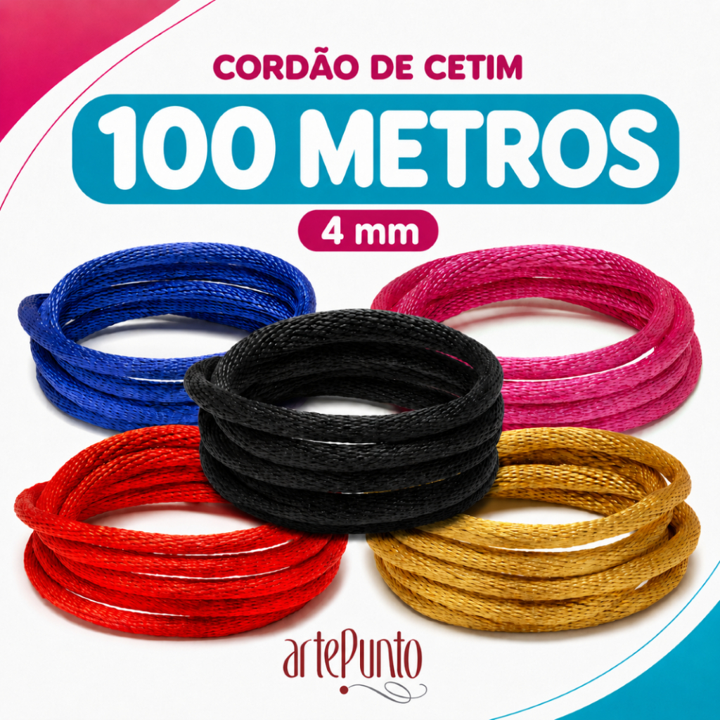 Cordão de Cetim ArtePunto 4mm 100m Rabo de Rato para Bolsas Macramê e Artesanato
