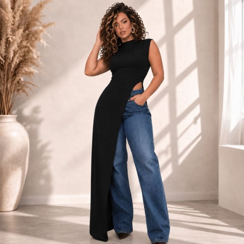 Cropped Regata Túnica Malha com elastano Faixa Reta Longa