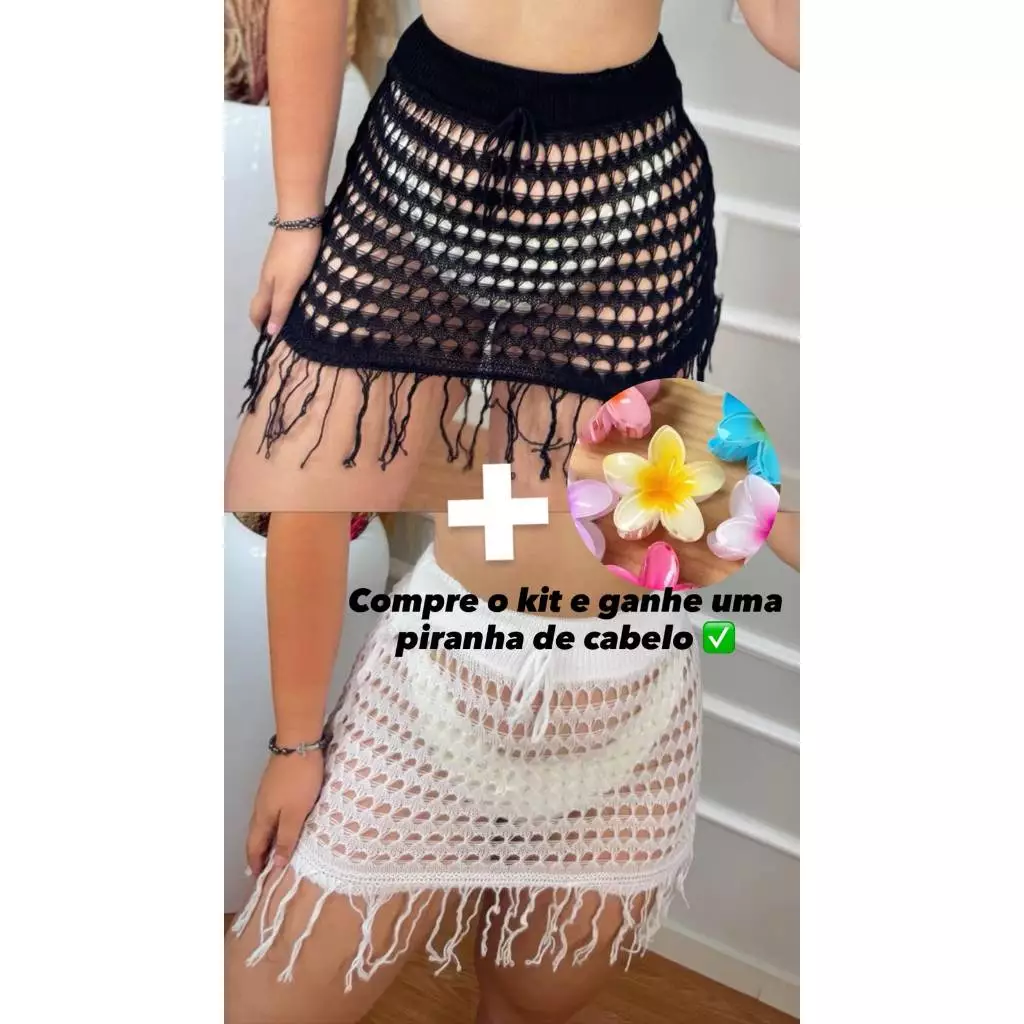 Saída de Praia Curta Feminina Saia com Franja Moda Praia Verão Piscina, Kit duas sais + brinde