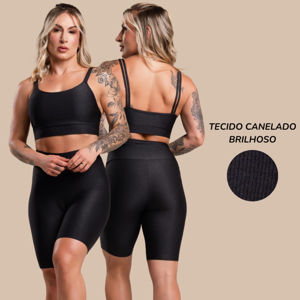 Conjunto Fitness Feminino Canelado Brilhoso Academia Top Cropped Alcinha e Bermuda Lisa Cintura Alta Treino