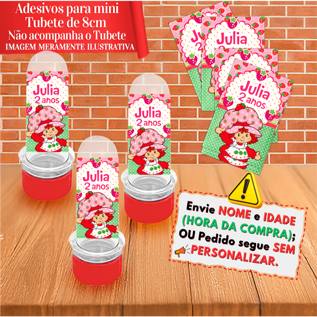 Adesivos para mini tubete 8cm Personalizado Moranguinho Baby 3D Vintage Clássica