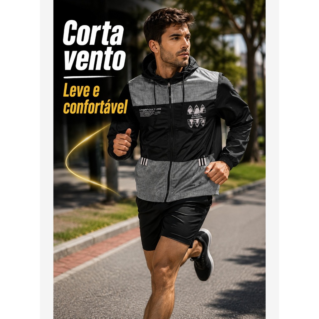 Jaqueta Corta Vento Masculina Com Capuz e Zíper Ultra Leve Secagem Rápida