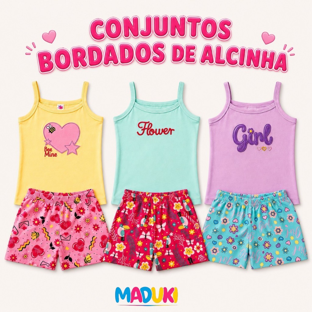 Conjunto Infantil Menina Verão com Blusa Bordada de Alça e Shorts Estampado 1 a 16