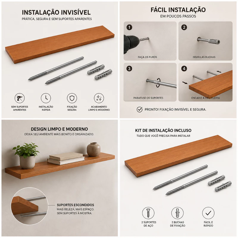 Prateleira de Parede MDF Madeirado Freijó 120x20cm com Suporte Invisível — foto 3