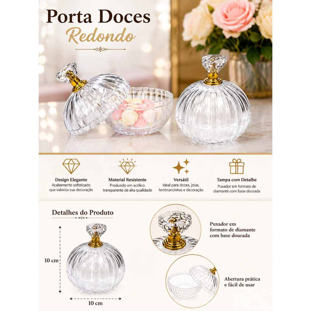 kit 12 Porta Doces Redondo Acrílico Transparente com Tampa Diamante Dourada para Festa e Decoração EF-232 — imagem 2 de 2