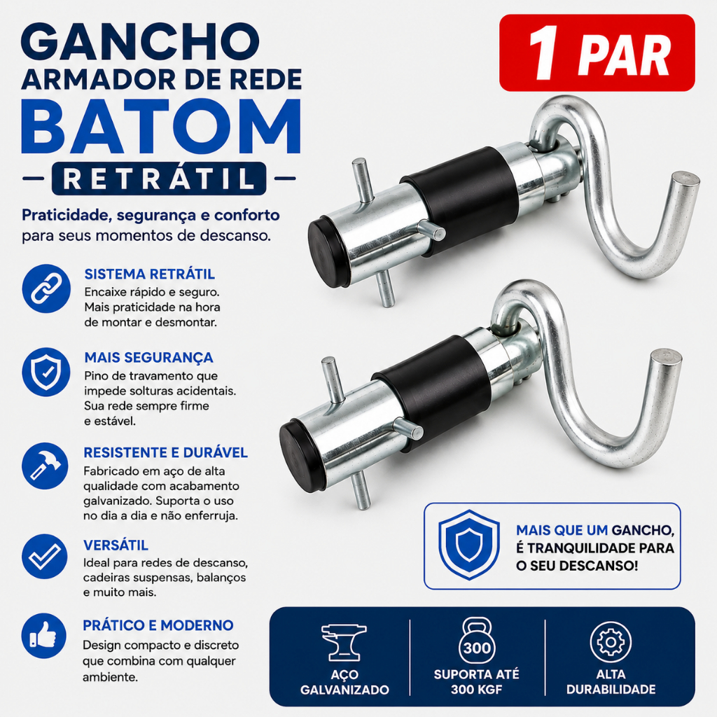 Gancho Armador tipo Batom Retrátil Cromado para Rede de Descanso