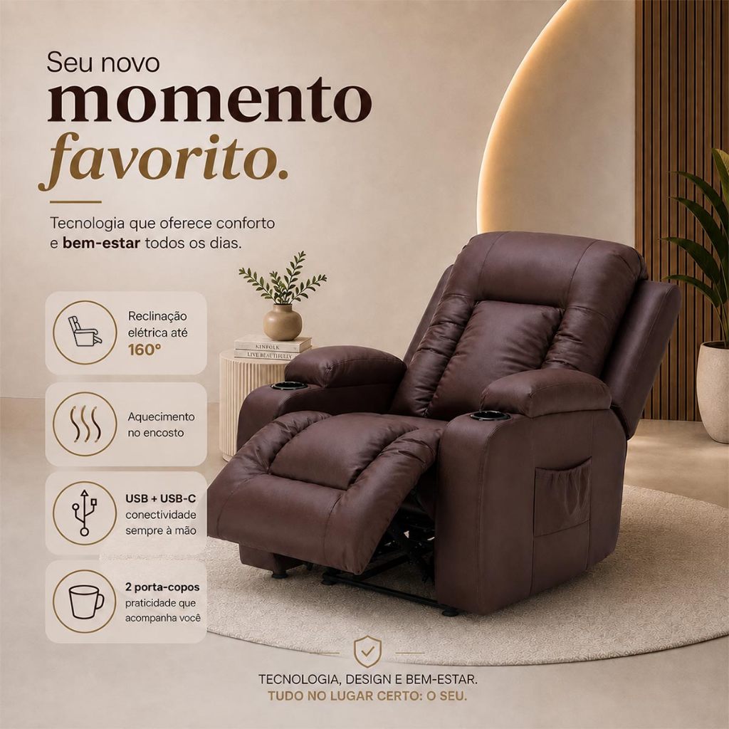Poltrona de Leitura Cadeira do Papai Reclinável Elétrica Austin Massagem USB PU Marrom Chocolate G94 · foto 2