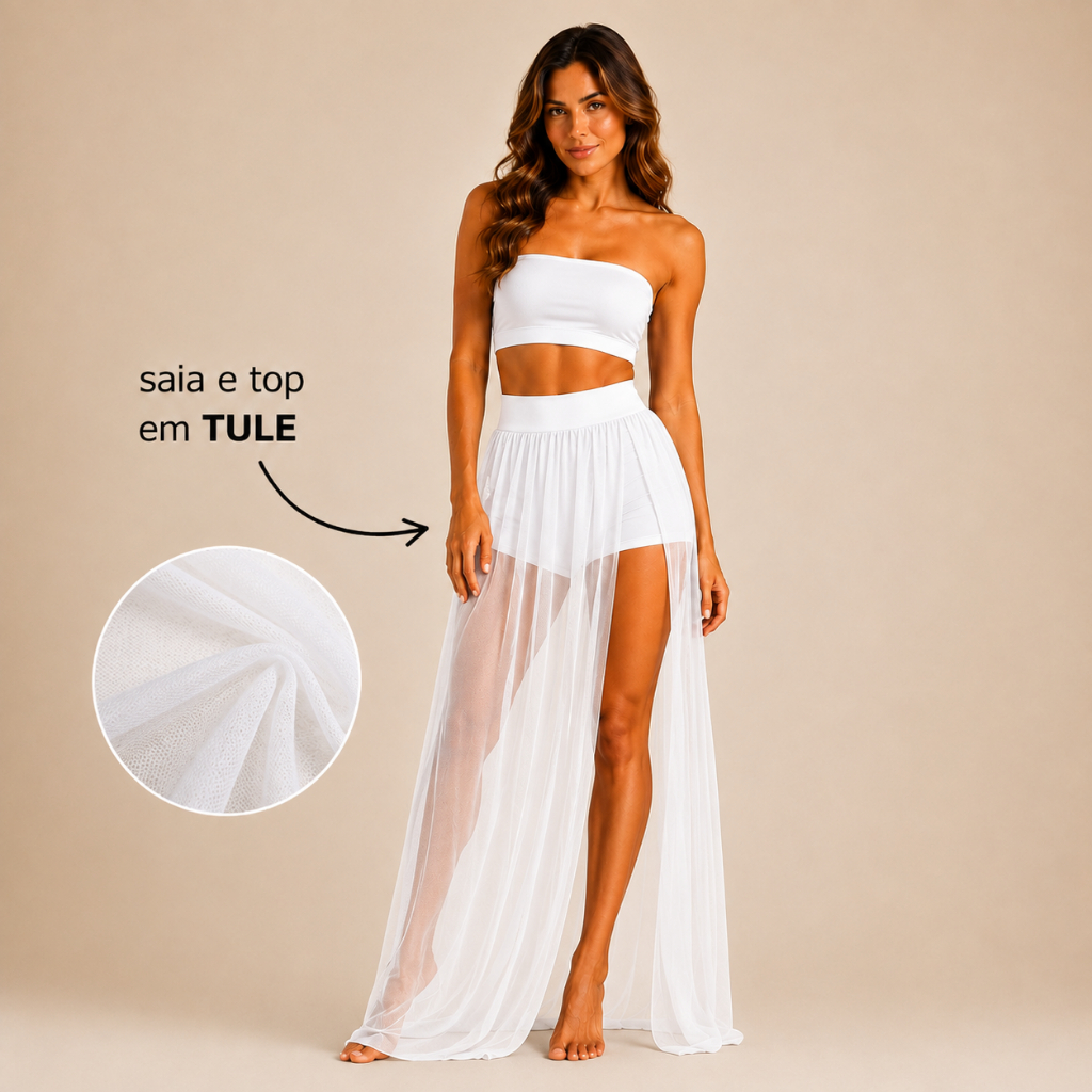 Conjunto Short Saia Tule Longa Fenda Top Faixa Cropped Moda Praia Verão Feminino