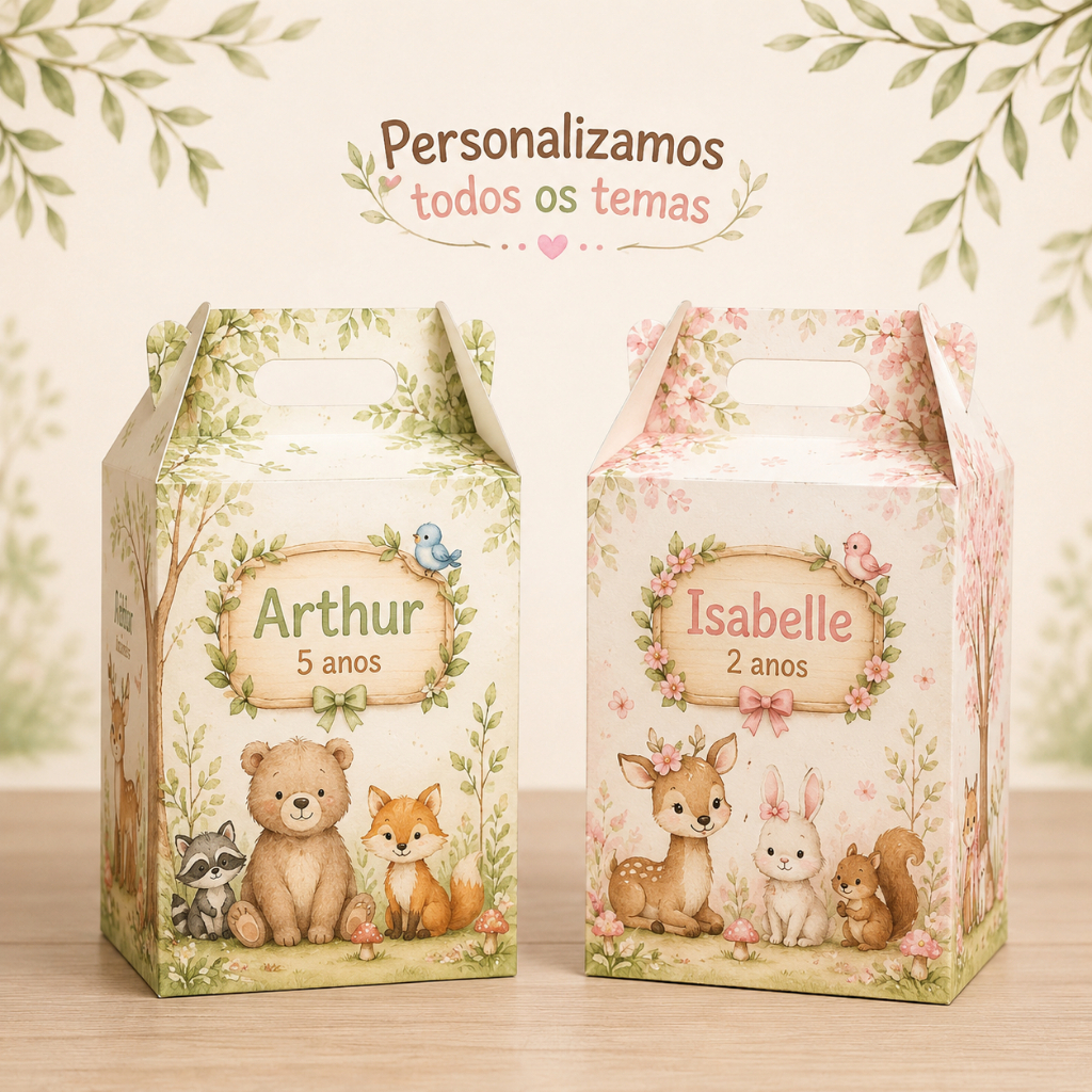 Kit Caixa Maleta Personalizada 12x8,5x5 cm Pegue e Monte com T. os temas para Festas e Eventos