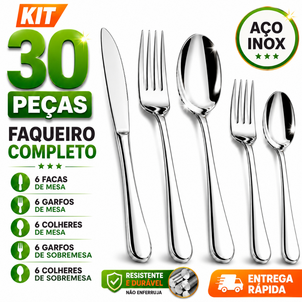 Kit Talheres 30 Peças Aço Inox Completo Facas, Garfos, Colheres de Mesa + Garfos + Colheres de Sobremesa Profissional