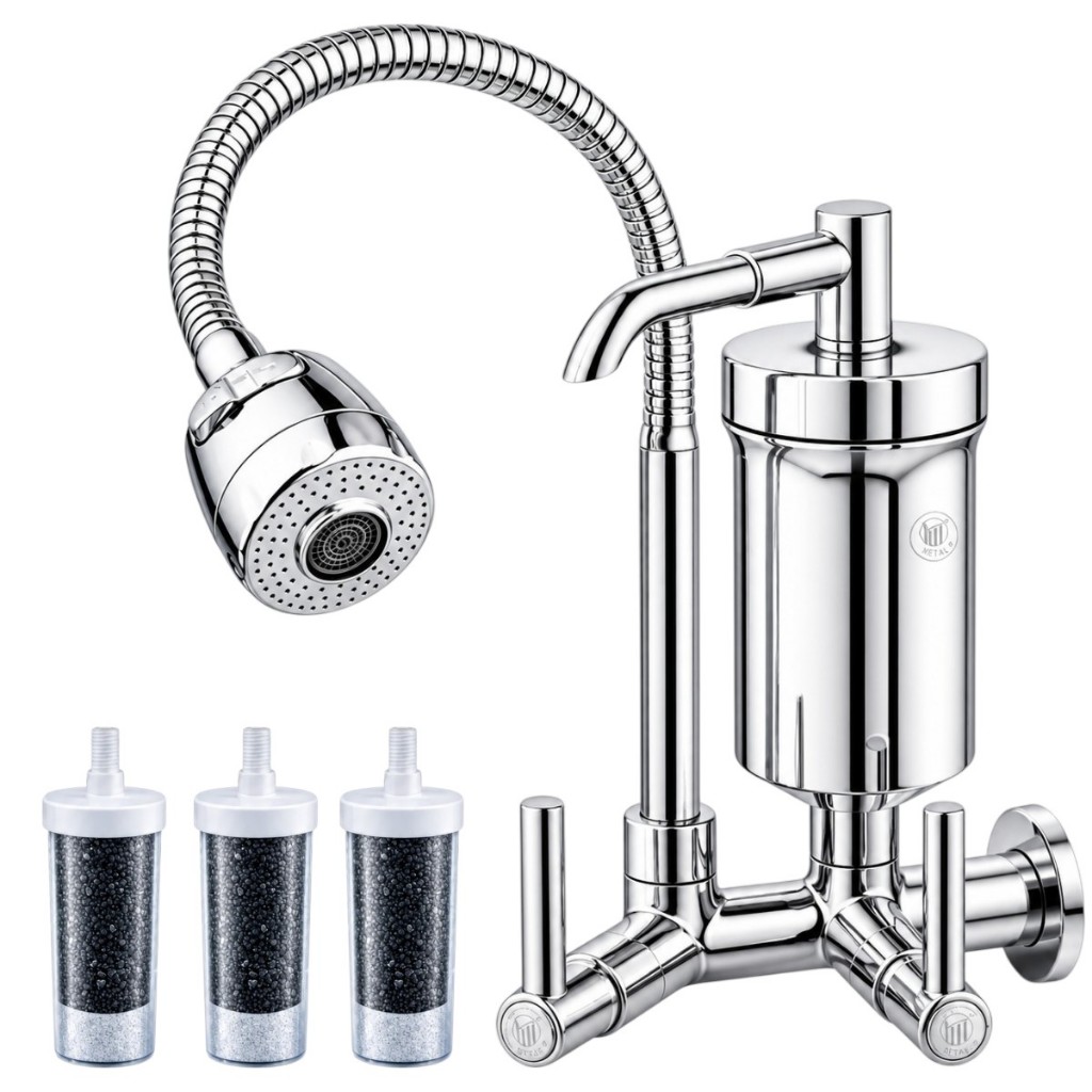 Torneira com Filtro de Cozinha Gourmet Purificador Tubo Flexível 2 Jatos Parede