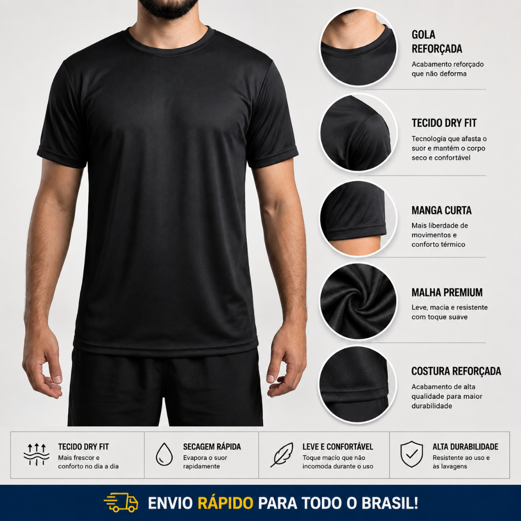 Camiseta DryFit Masculina Esportiva Treino Academia Lisa Sem Estampa Modelagem Confortável em Diversos Tamanhos