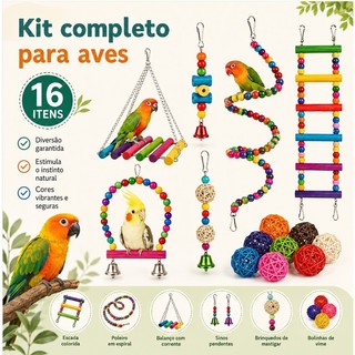 Kit 16 Brinquedos para Pássaros Escada, Ponte, Bolas e Acessórios para Diversão e Exercício do seu Pet