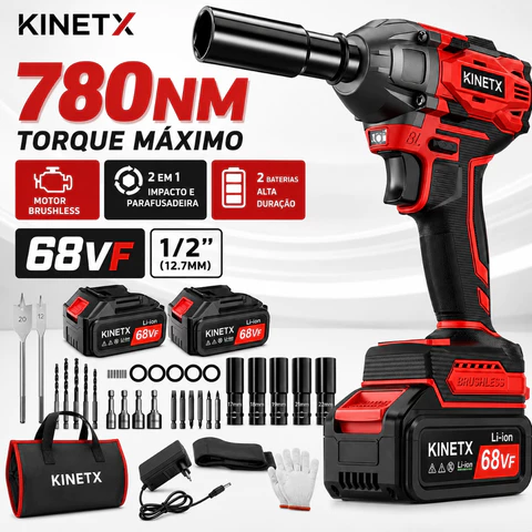 780NM Chave de Impacto A Baterias Brushless Parafusadeira E Furadeira Elétrica+ 2 Baterias + Kit Completo KINETX