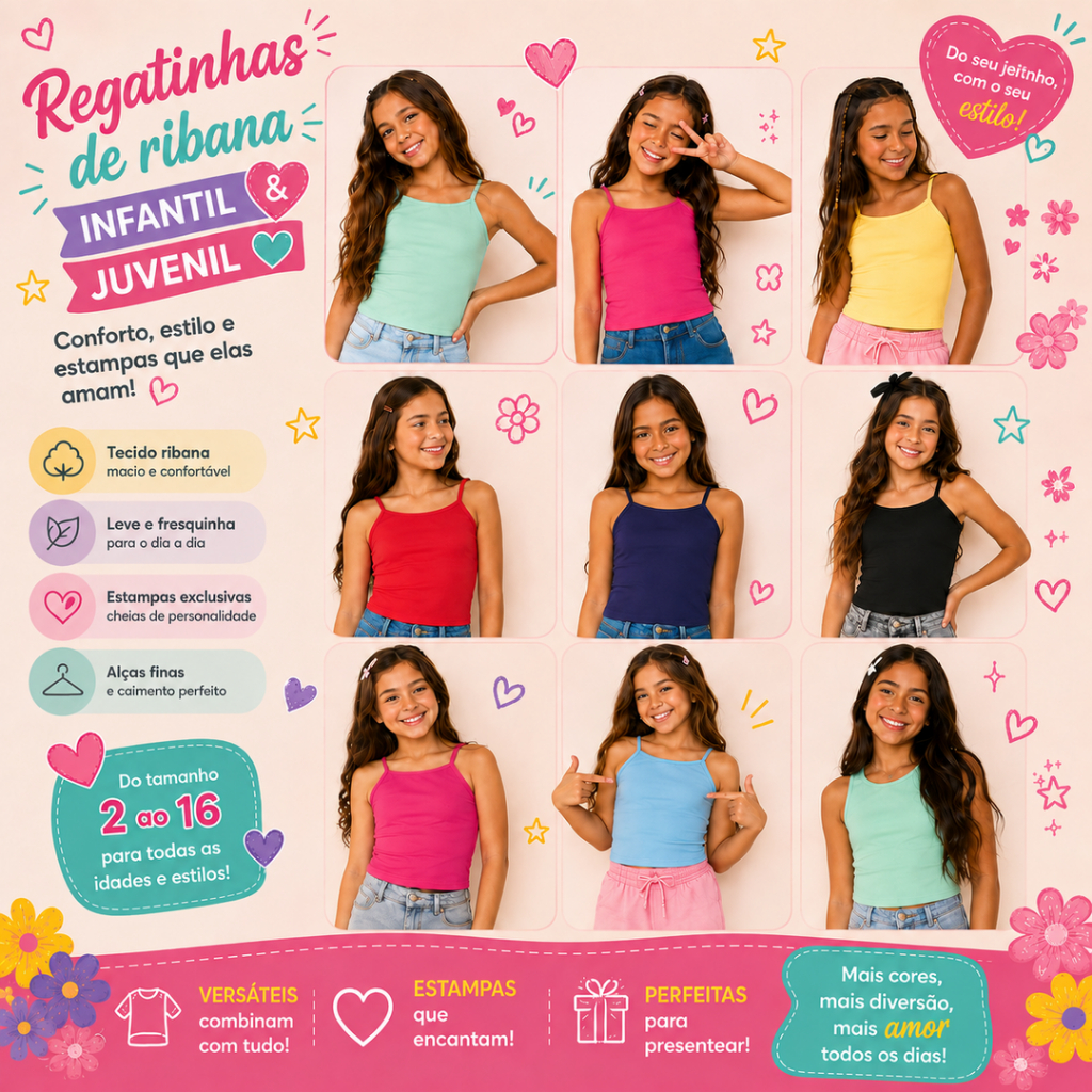 Kit 4 Camisetas Feminina Infantil Regatas Menina Roupas Infantil Feminino Verão Blusas Básicas Lisa Kids Algodão/