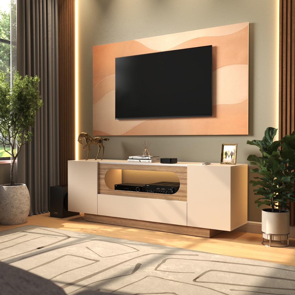 Rack e Painel Para TV 136cm Sala Moderna Com Nicho Oval Porta Home Theater Estante Móvel Organizador Decorativo