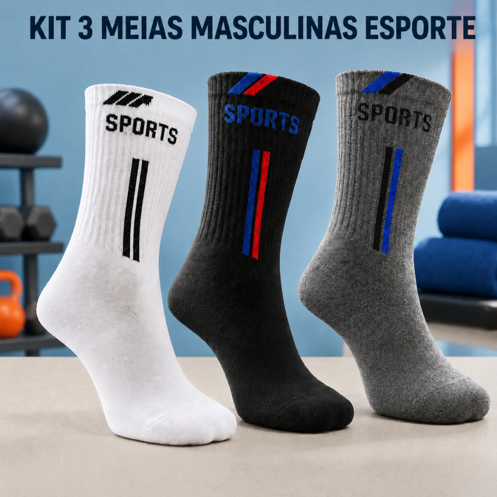 Kit 3/6/12 Meia Masculina Adulto Cano Médio Esporte 3 Cores Tamanho 40 ao 46