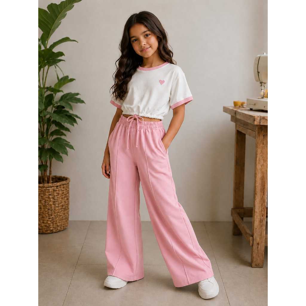 Conjunto Infantil Feminino Blusa Cropped e Calça Pantalona Moletinho Casual Confortável