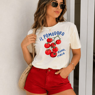 Camiseta Feminina Casual Blusa Manga Curta Estampa Tomate Pomodoro Tendência  100% Algodão Macia